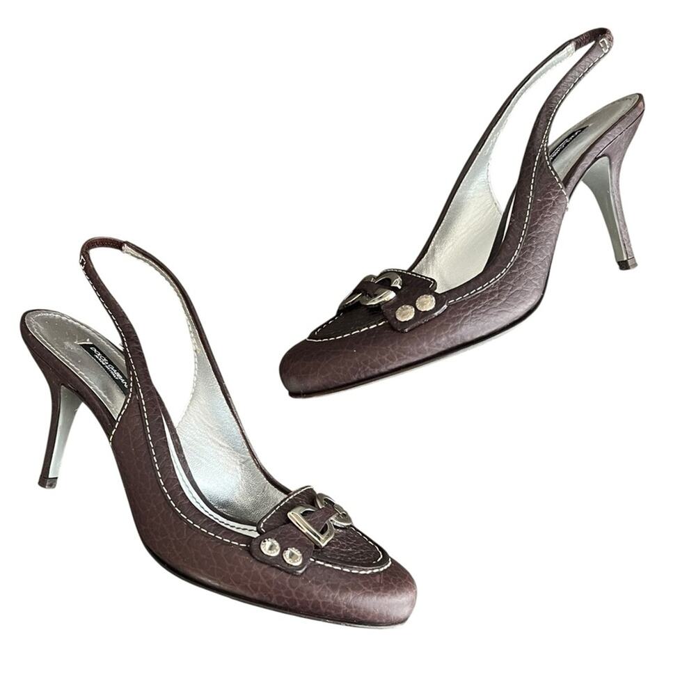 Dolce & Gabbana Women’s Vintage Y2K Brown Round Toe Silver Logo Pump Heels 38 - Picture 11 of 11